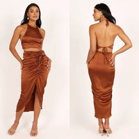 Mable x Petal and Pup NEW Angelique Open Back Satin Cognac Matching Set Size S