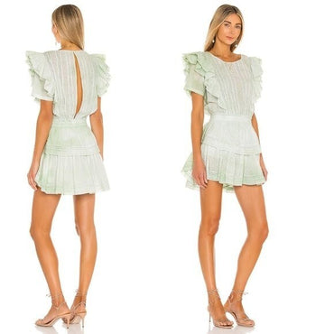 LoveShackFancy Natasha Green Lace Embroidered Tiered Ruffle Mini Dress Size L