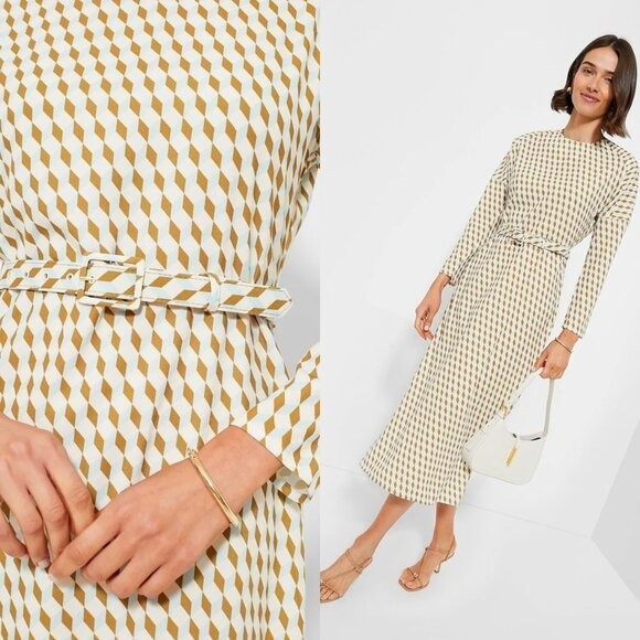 Tuckernuck NEW Tan Ocean Spray Geo Bex Long Sleeve Belted Midi Dress Size XXL