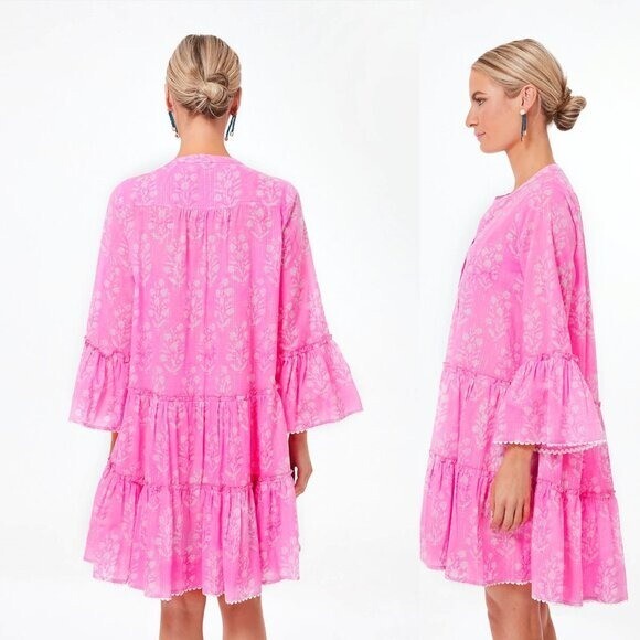 Juliet Dunn NEW Exclusive Orchid Small Flower Lurex Flared Sleeve Dress Size XS