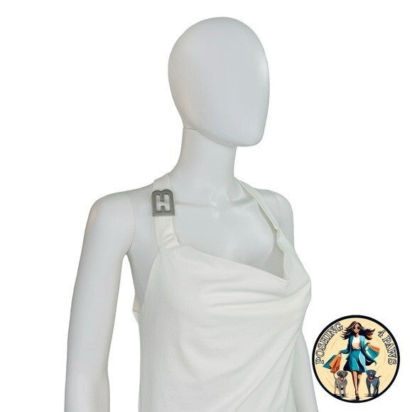 EB Denim Cowl Buckle Logo Bodycon Jersey Mini Dress in White Size M