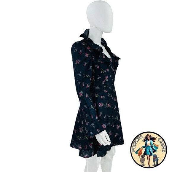 Hyacinth House NEW Navy Floral Ruffle Neck Norah Long Sleeve Mini Dress XS