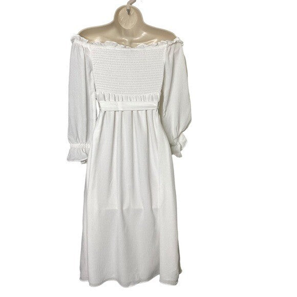 1. STATE NEW Off the Shoulder Smocked Bodice Midi Dress in New Ivory Size XXS