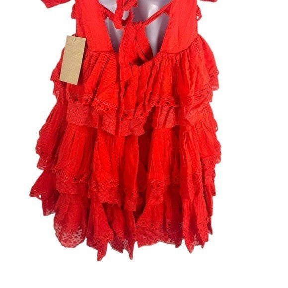 INNIKA CHOO Poinciana Red Organdy Puff Sleeve Scalloped Layer Mini Dress Size S