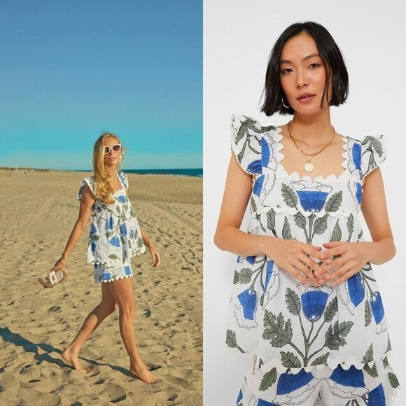 Juliet Dunn NEW White and Klein Blue Baby Doll Floral Scalloped Top Size S