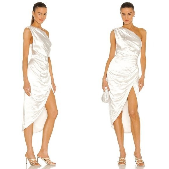 ELLIATT NEW Cassini Satin Formal One Shoulder Midi Dress in Ivory Size L