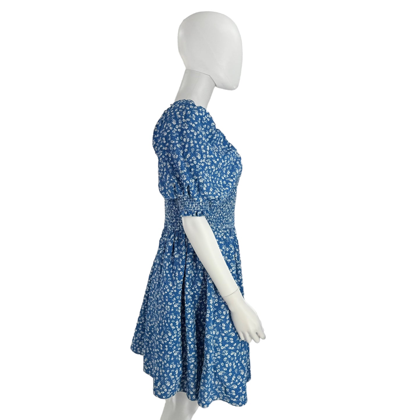 Hyacinth House Blue and White Micro Floral Smocked Short Sleeve Mini Dress