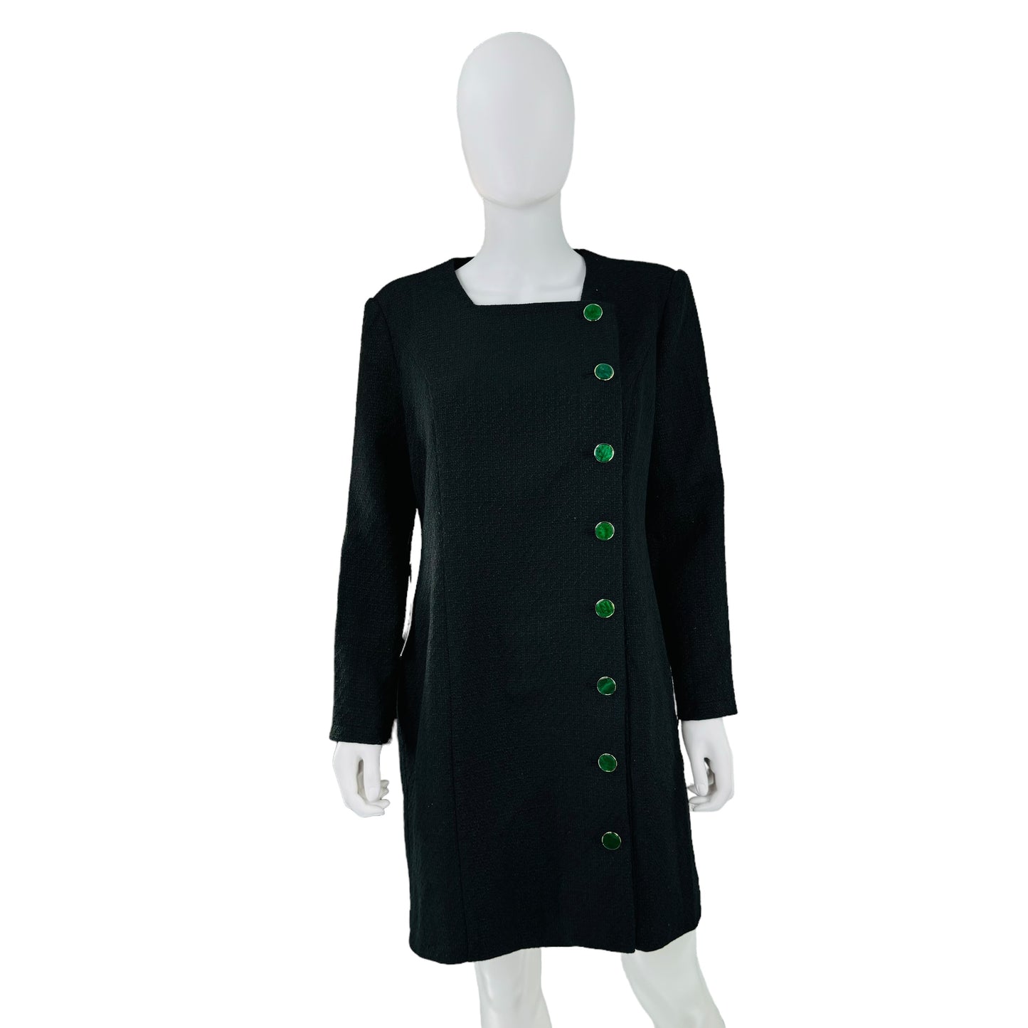 Pomander Place Black Tweed Long Sleeve Green Button Mini Dress