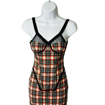 Burberry Corset Red Black Nova Check Plaid Bodycon Midi Dress