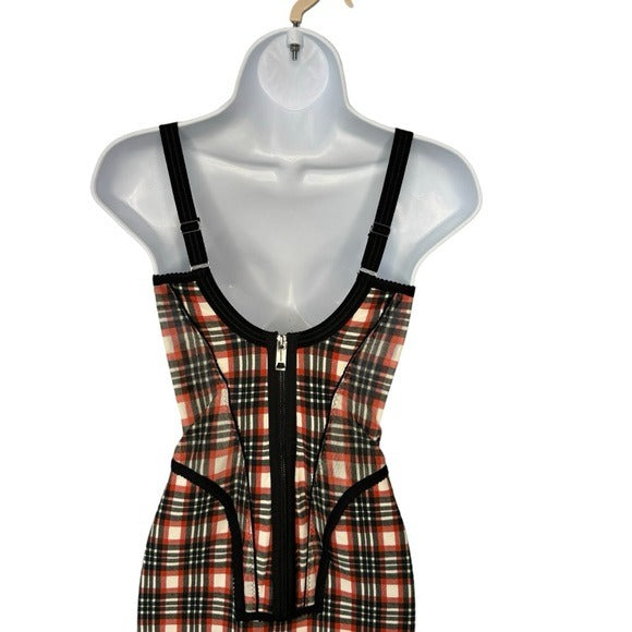 Burberry Corset Red Black Nova Check Plaid Bodycon Midi Dress