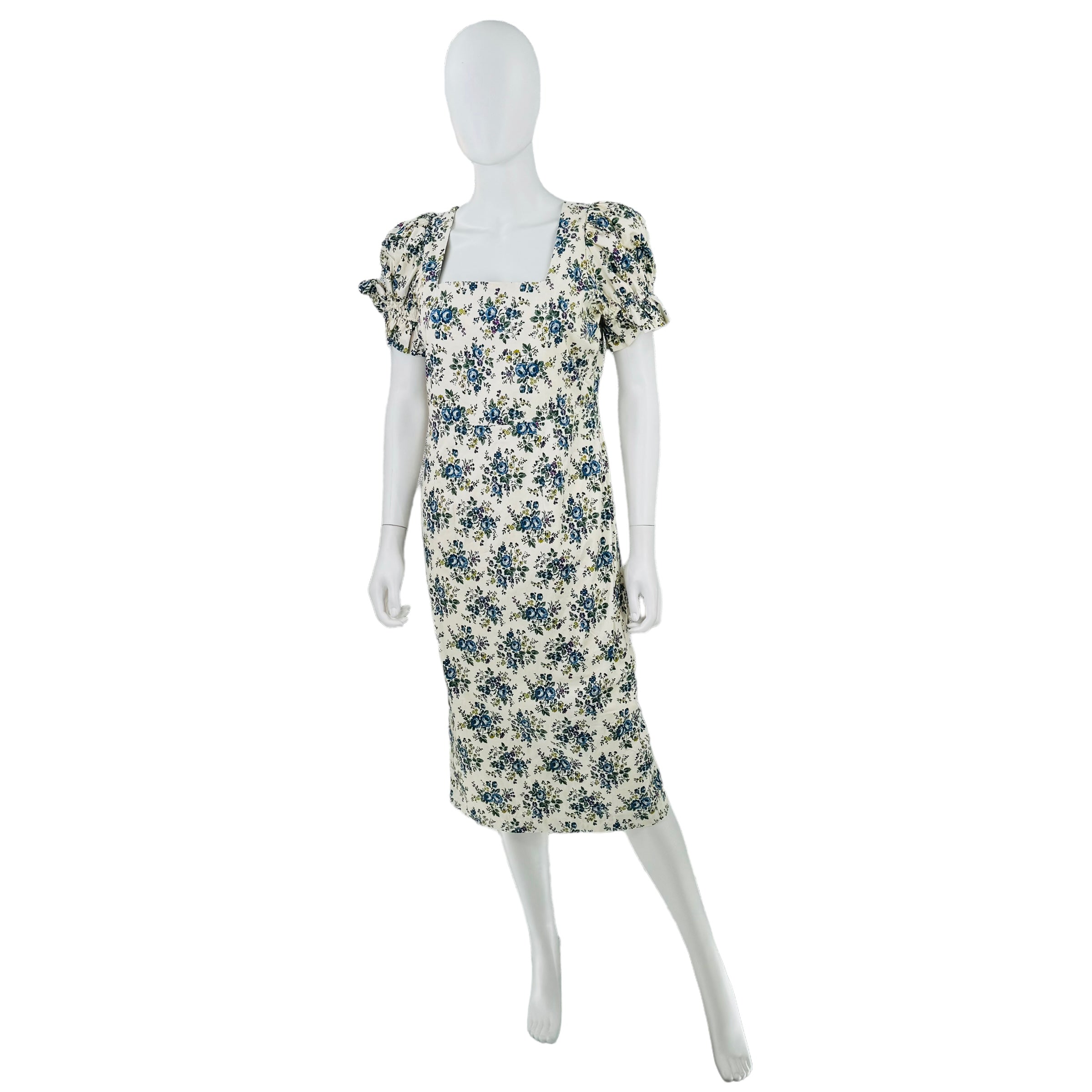 Hyacinth House Esther Floral Puff Sleeve Ivory & Blue Midi Dress