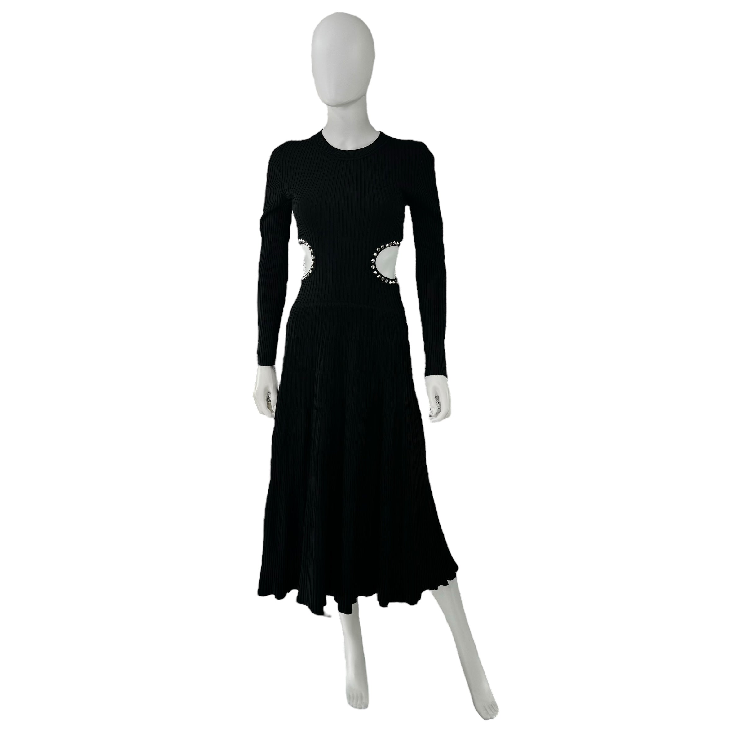 Moon River Black Cut Out Long Sleeve Ribbed Midi Dress