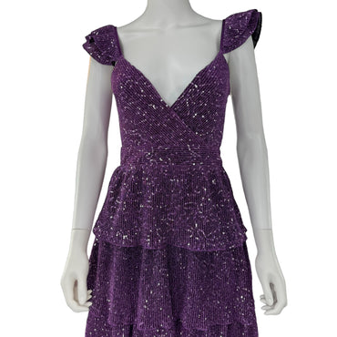 Saylor Purple Karmen Sequins Tiered Cocktail Formal Midi Dress