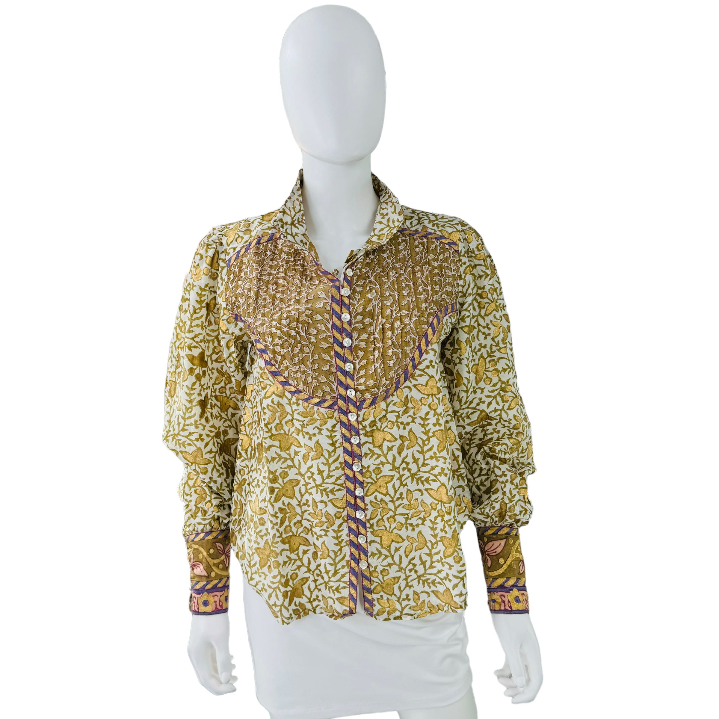 Oliphant High Neck Button Silk Blouse in Marchesa Metallic Floral Olive