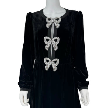 Saloni Camille Velvet Embellished Bow Long Sleeve Mini Dress
