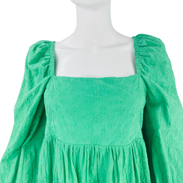 Pomander Place Green Embroidered Puff Sleeve Elizabeth Mini Dress