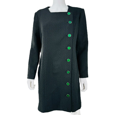 Pomander Place Black Tweed Long Sleeve Green Button Mini Dress