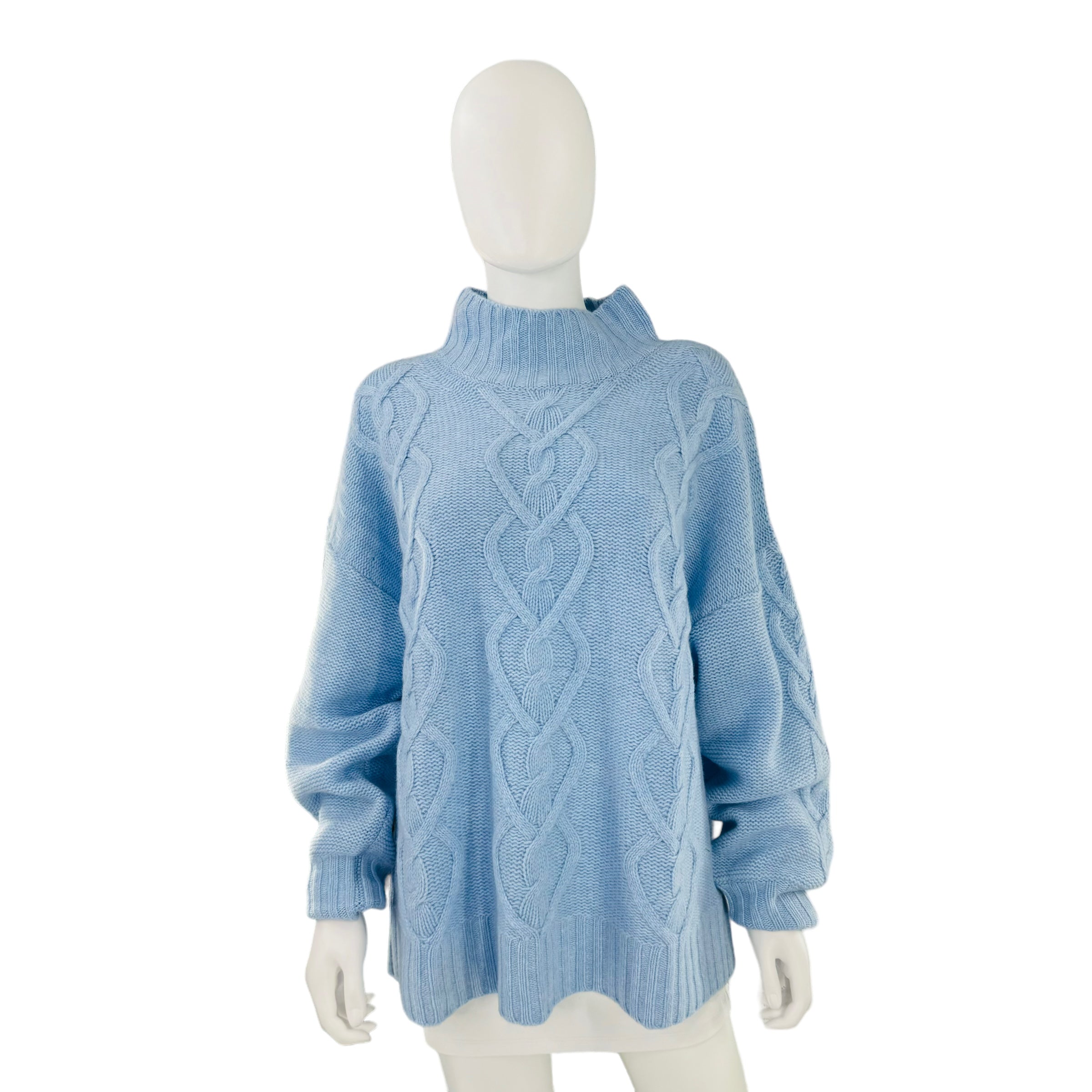 LoveShackFancy Izia Pullover Cable Knit Wool and Cashmere Sweater in Blue Haze