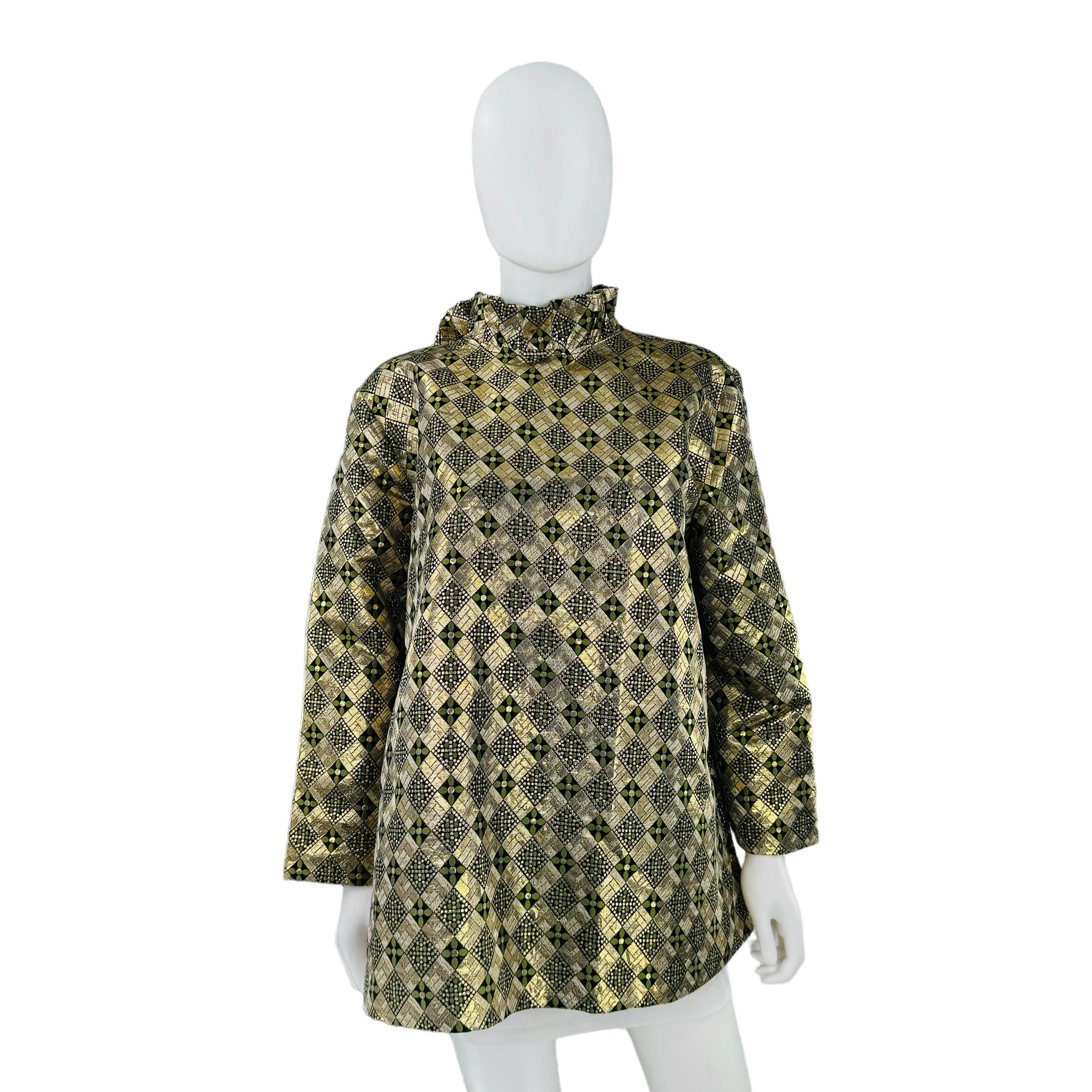 Tuckernuck Jacquard Faye Stand Collar Bow Relaxed Fit 3/4 Sleeve Blouse