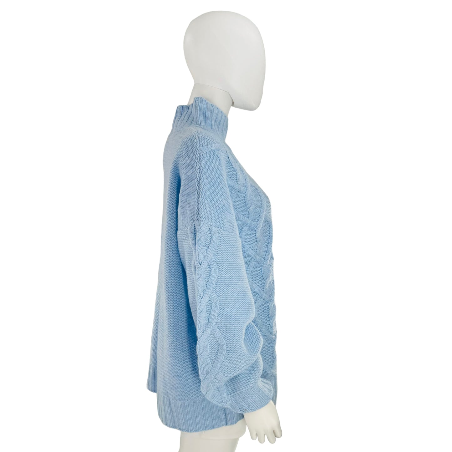 LoveShackFancy Izia Pullover Cable Knit Wool and Cashmere Sweater in Blue Haze