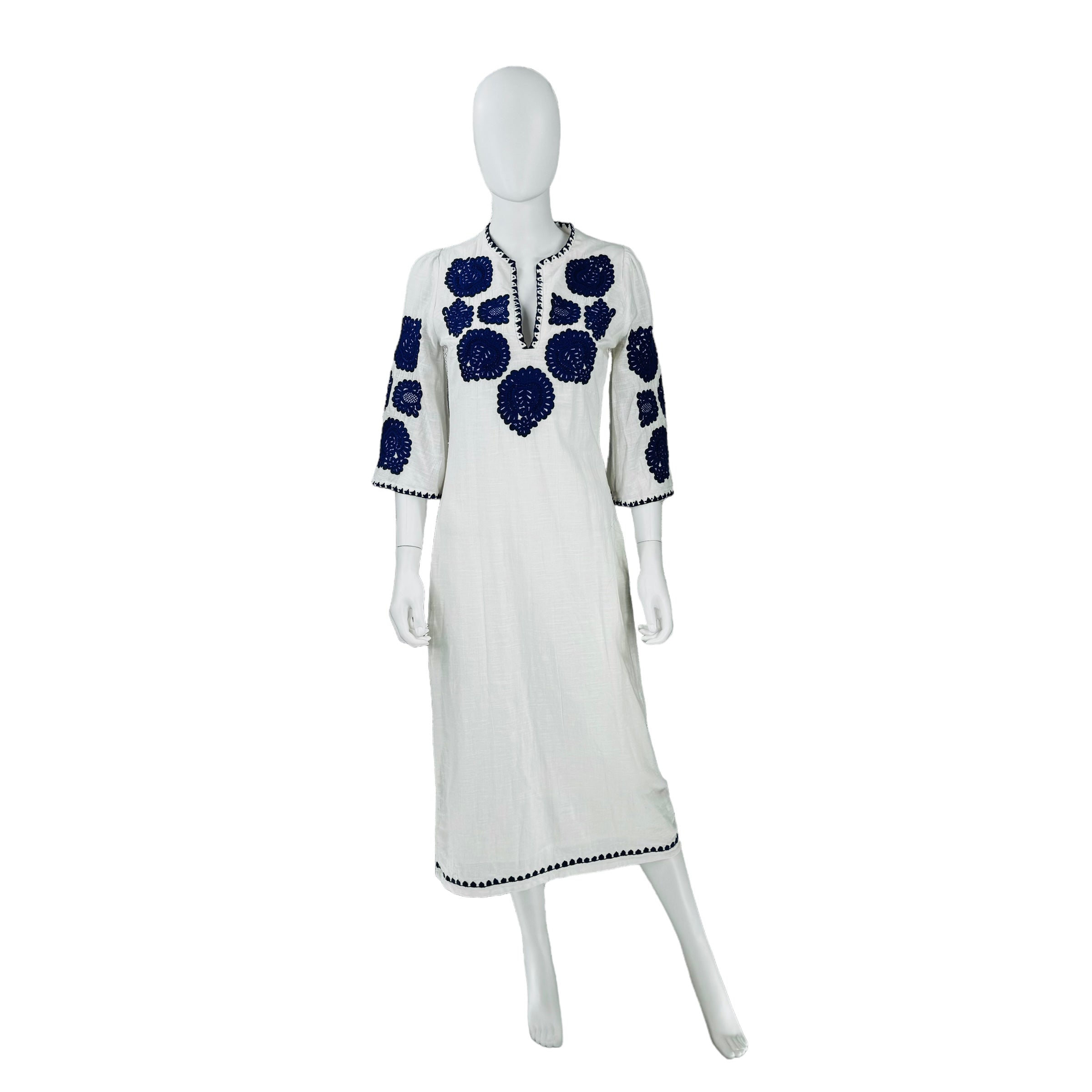 Antik Batik Embroidered Tiki White and Blue Caftan Midi Dress