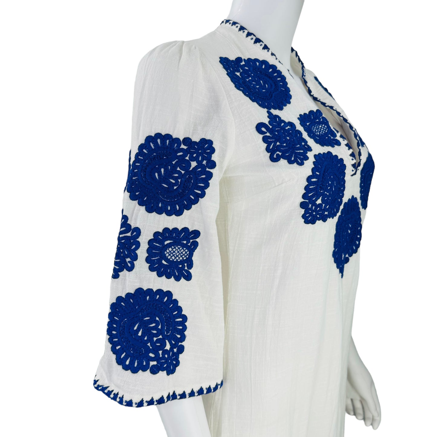 Antik Batik Embroidered Tiki White and Blue Caftan Midi Dress
