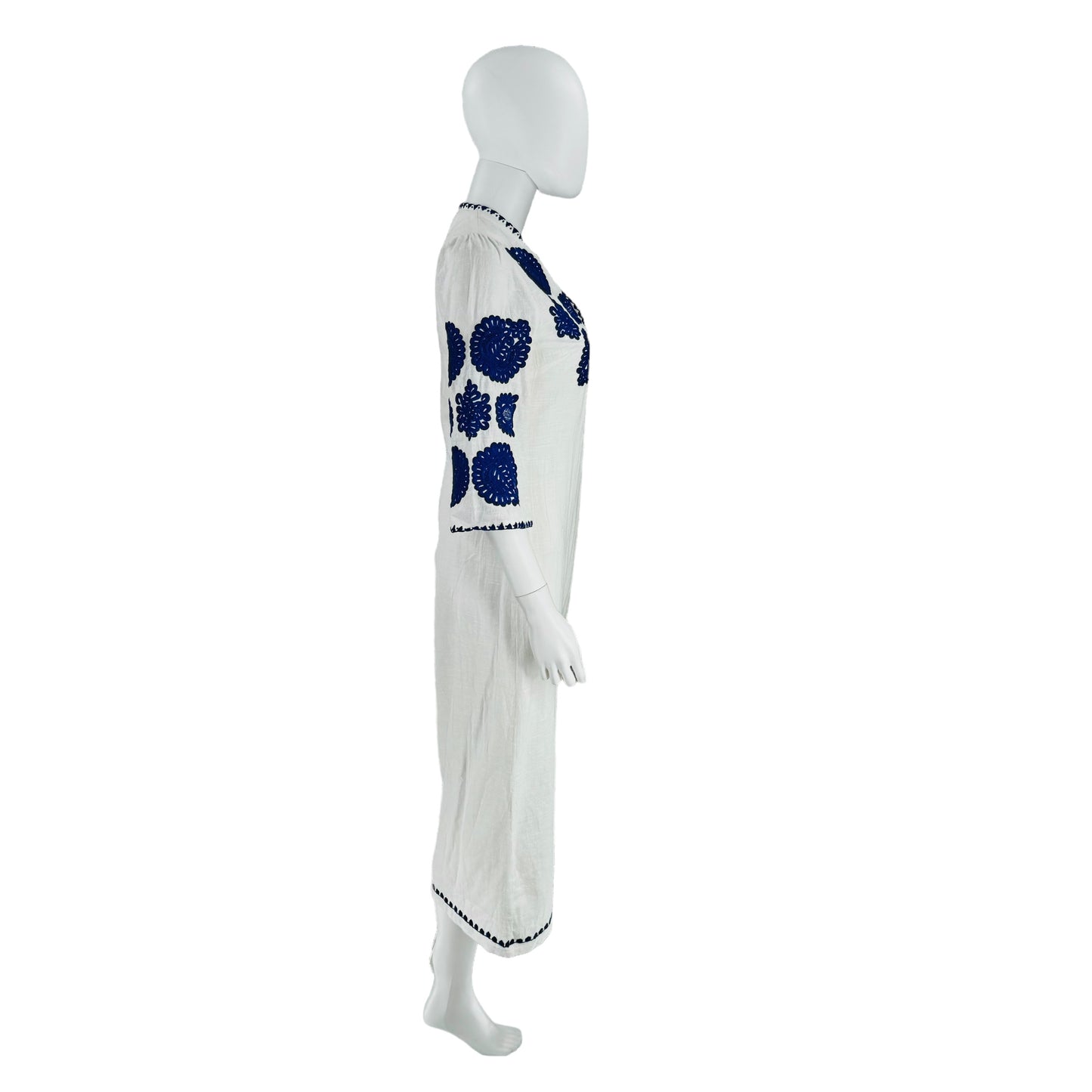 Antik Batik Embroidered Tiki White and Blue Caftan Midi Dress