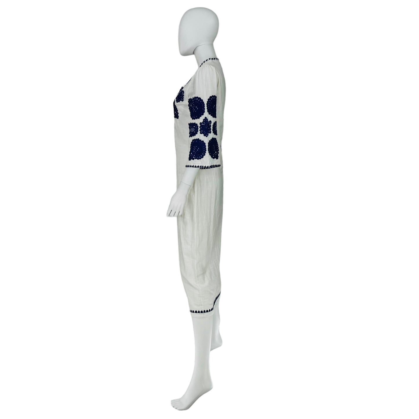 Antik Batik Embroidered Tiki White and Blue Caftan Midi Dress