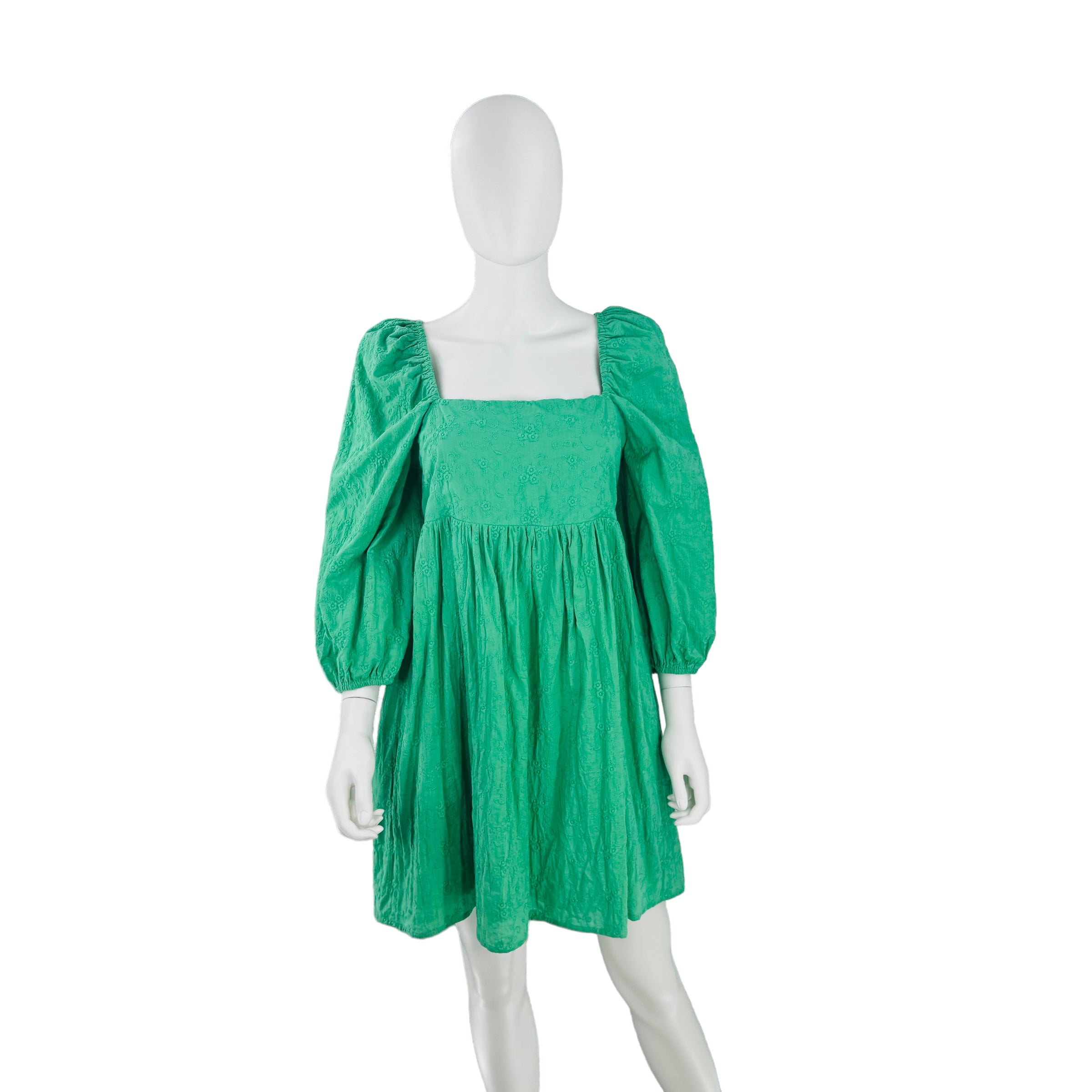 Pomander Place Green Embroidered Puff Sleeve Elizabeth Mini Dress