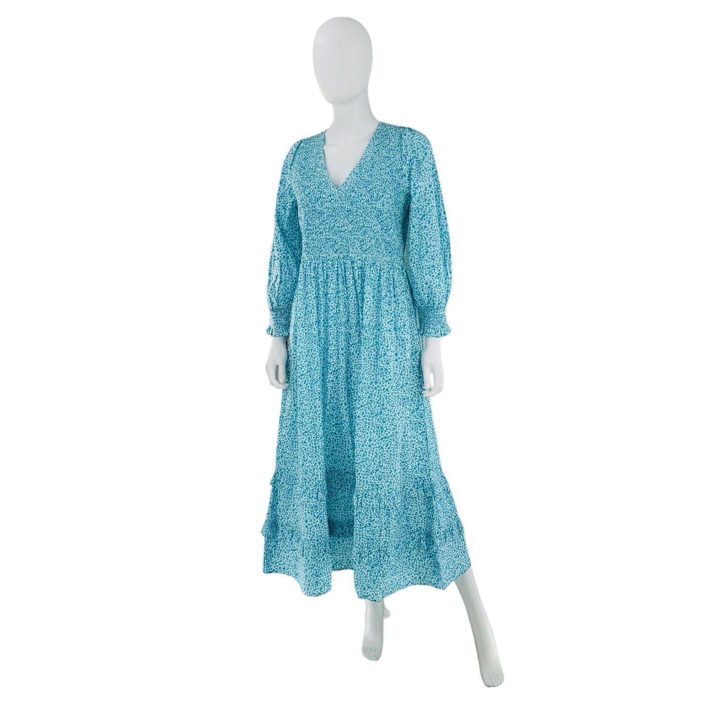 Pink City Prints Blue Isabel V Neck Dress Ocean Ditsy Flower Maxi Dress