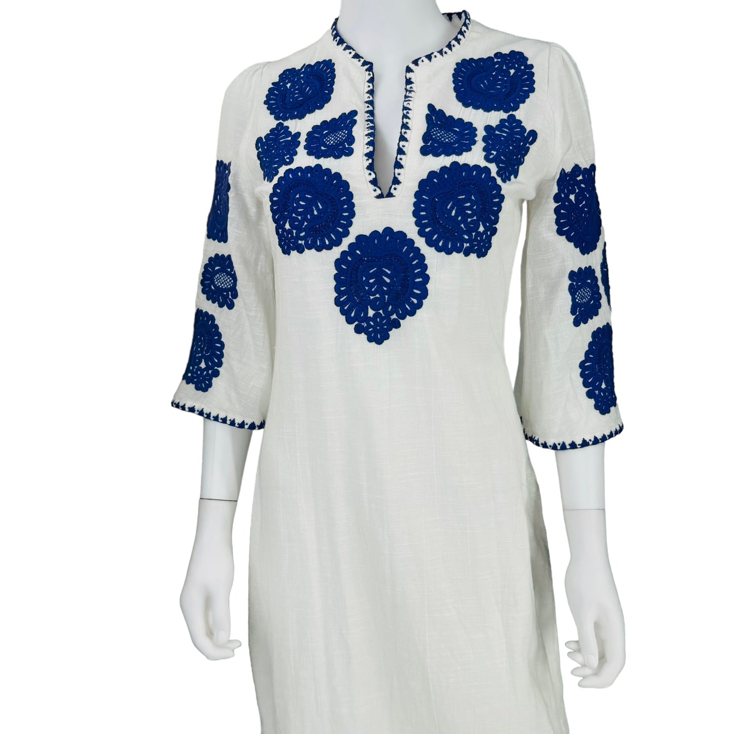 Antik Batik Embroidered Tiki White and Blue Caftan Midi Dress