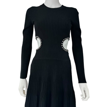 Moon River Black Cut Out Long Sleeve Ribbed Midi Dress