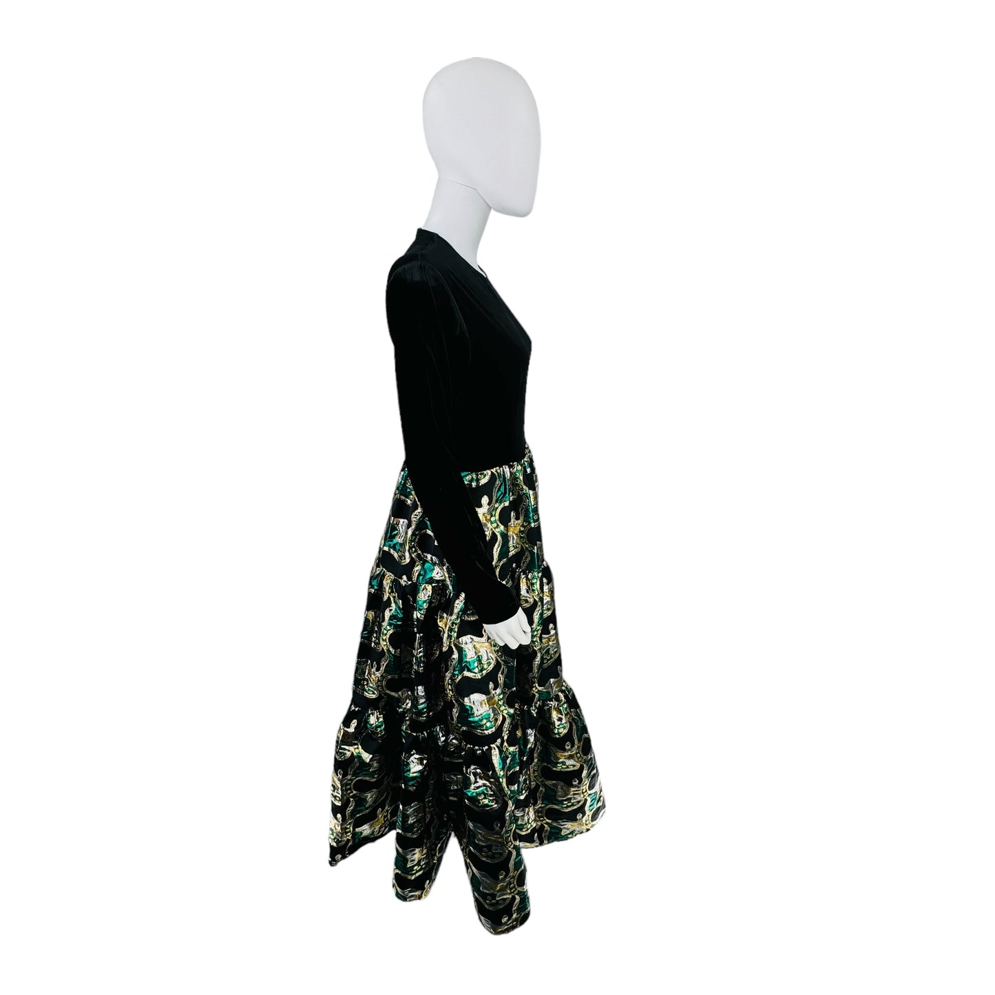La Double J Big Formal Long Sleeve Maxi Dress in Jacquard Velvet Sprtiz