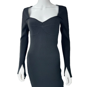 Moon River Black Ribbed Long Sleeve Sculpted Bodycon Midi Dress