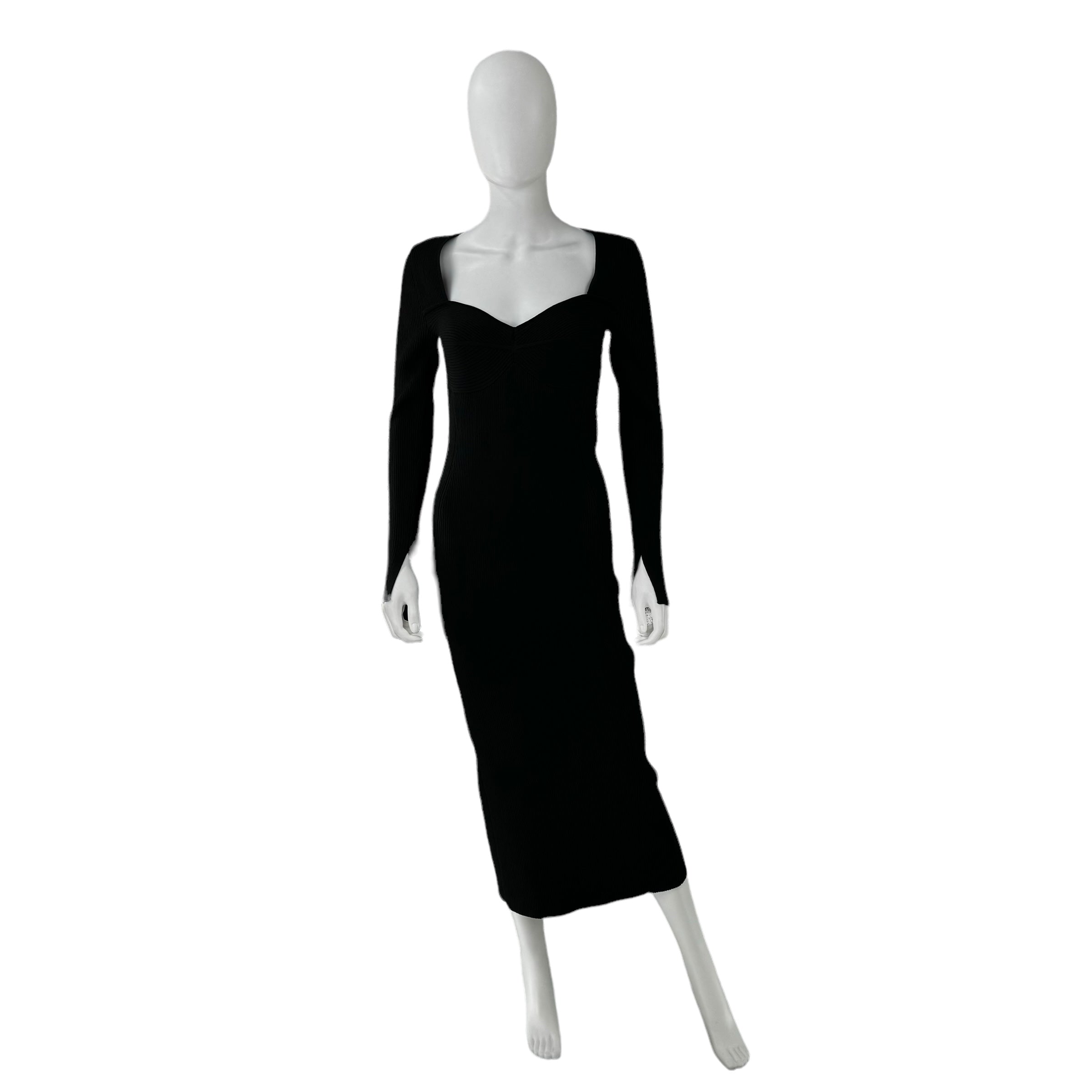 Moon River Black Ribbed Long Sleeve Sculpted Bodycon Midi Dress