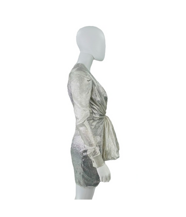 Redemption for FWRD Long Sleeve Metallic Deep V Party Dress in Silver