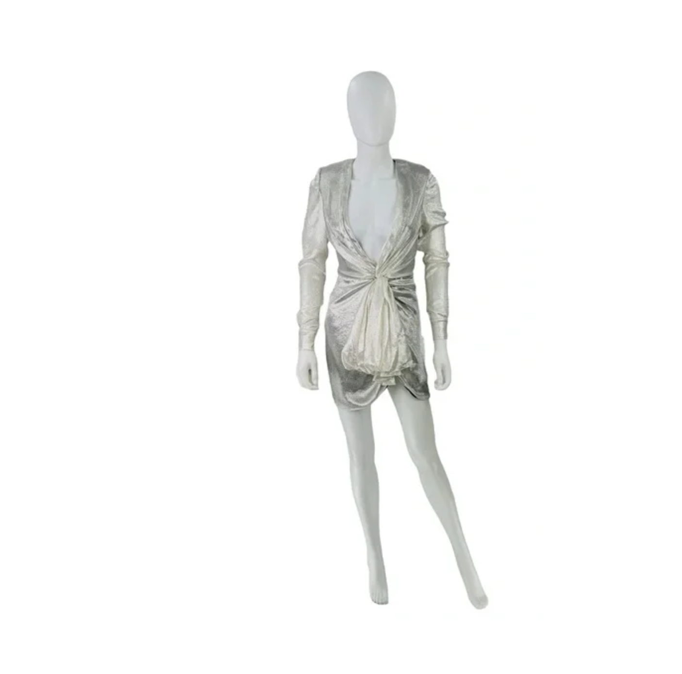 Redemption for FWRD Long Sleeve Metallic Deep V Party Dress in Silver