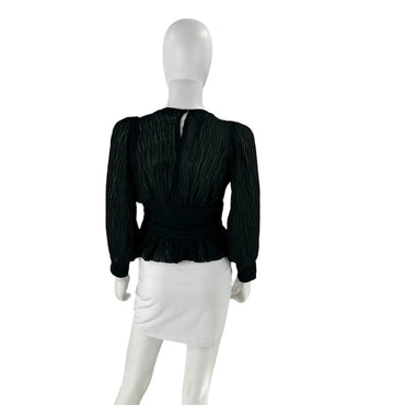 Petal & Pup Delilah Long Sleeve Pleated V Neck Cinched Waist Top in Black