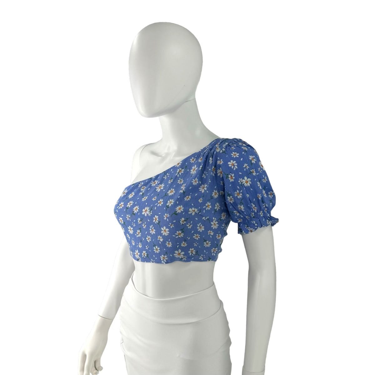 Seven Wonders The Label Meadow One Shoulder Crop Top in Blue Daisy Print