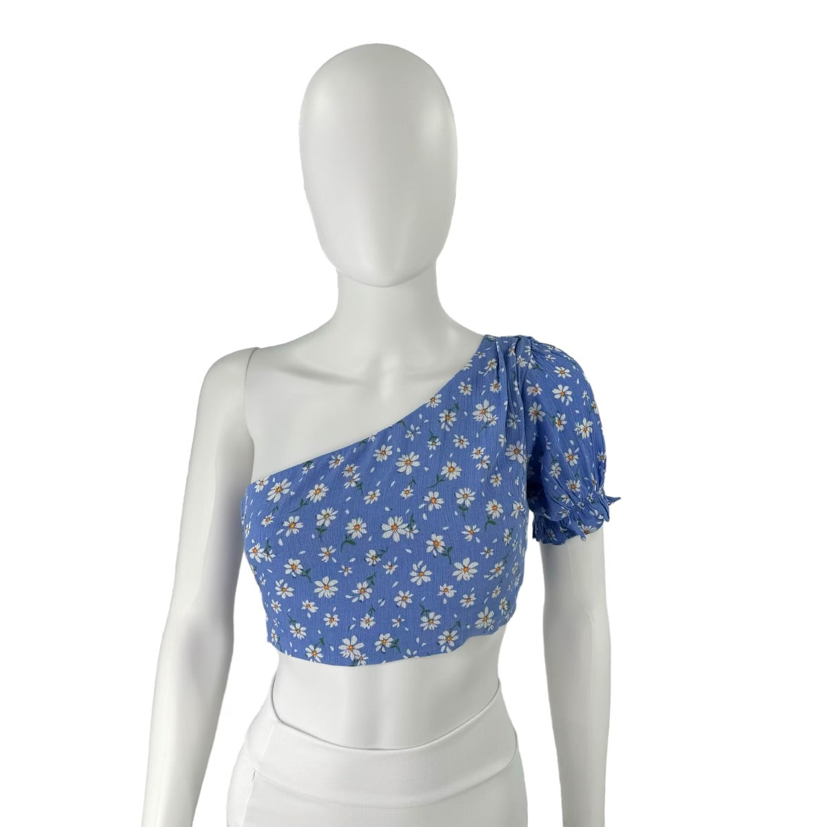 Seven Wonders The Label Meadow One Shoulder Crop Top in Blue Daisy Print
