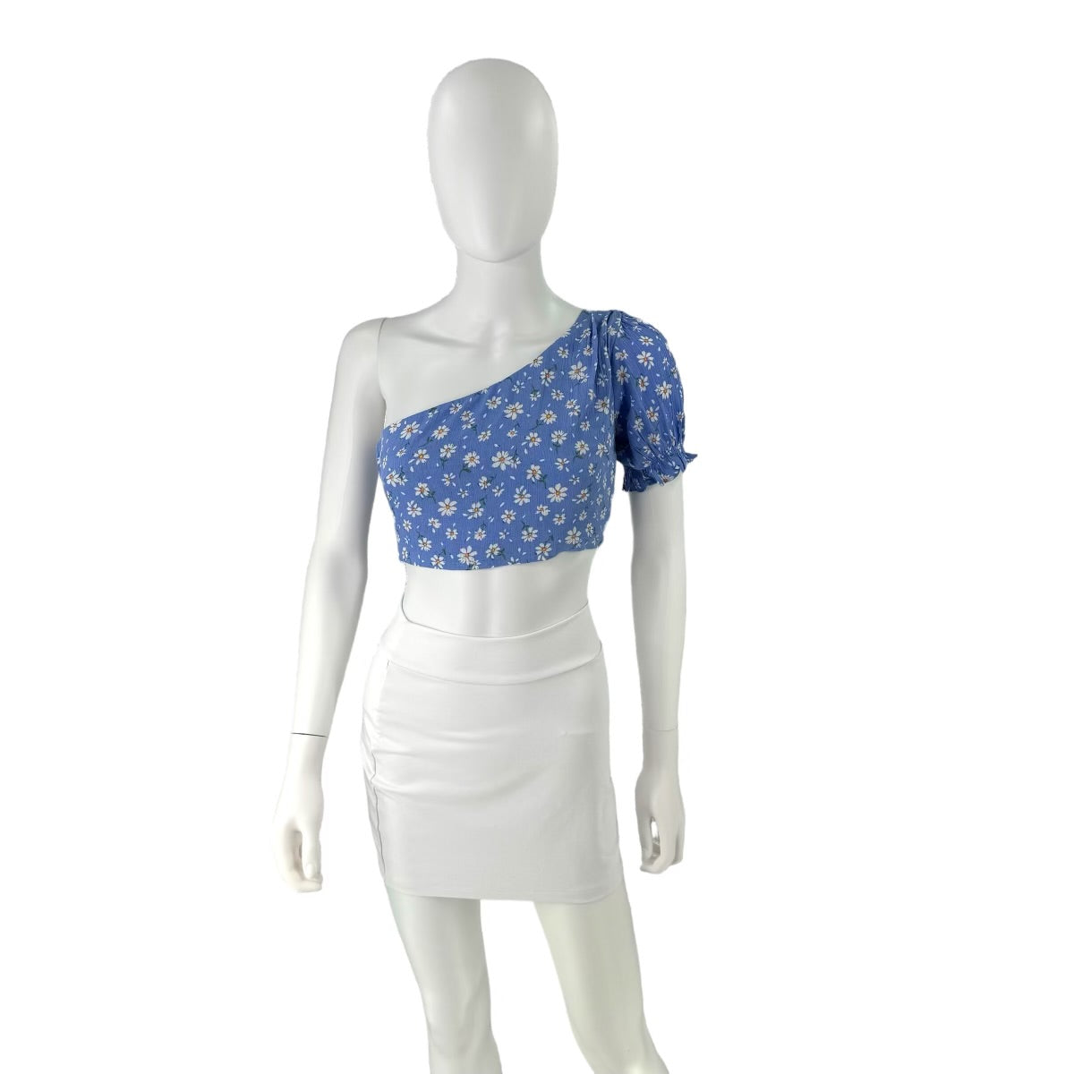 Seven Wonders The Label Meadow One Shoulder Crop Top in Blue Daisy Print