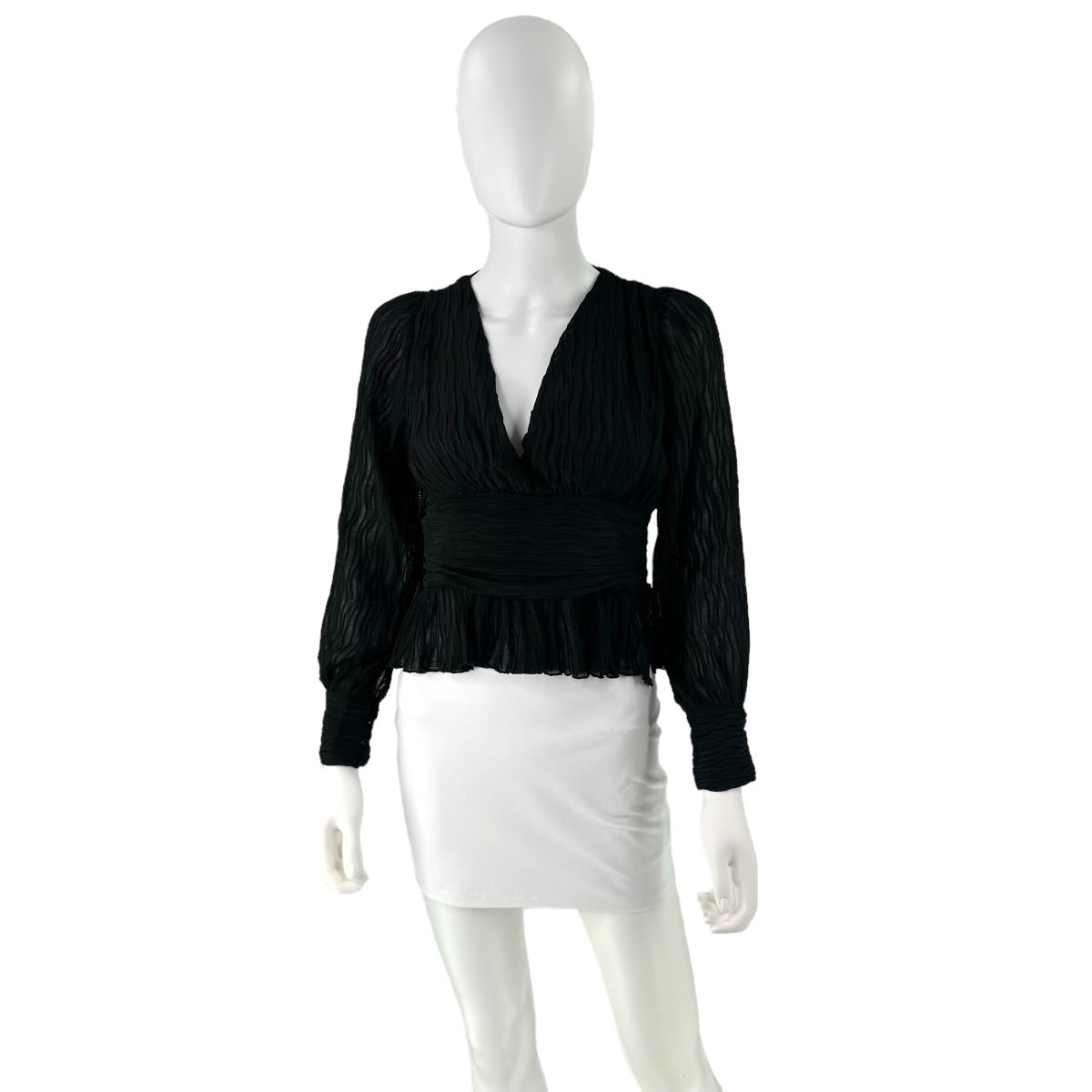 Petal & Pup Delilah Long Sleeve Pleated V Neck Cinched Waist Top in Black