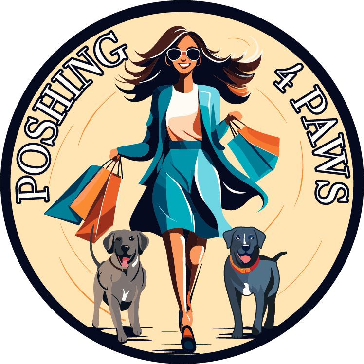 Poshing 4 Paws logo with girl shopping and two rescue dogs next to her